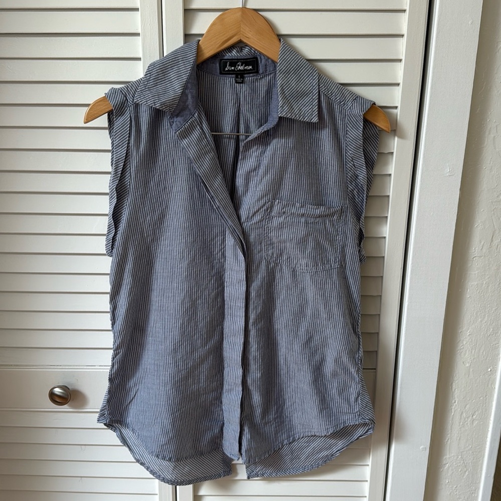 Sam Edelman Blue Buttoned Split Back Cap Shirt Striped Sleeveless Tank Top S